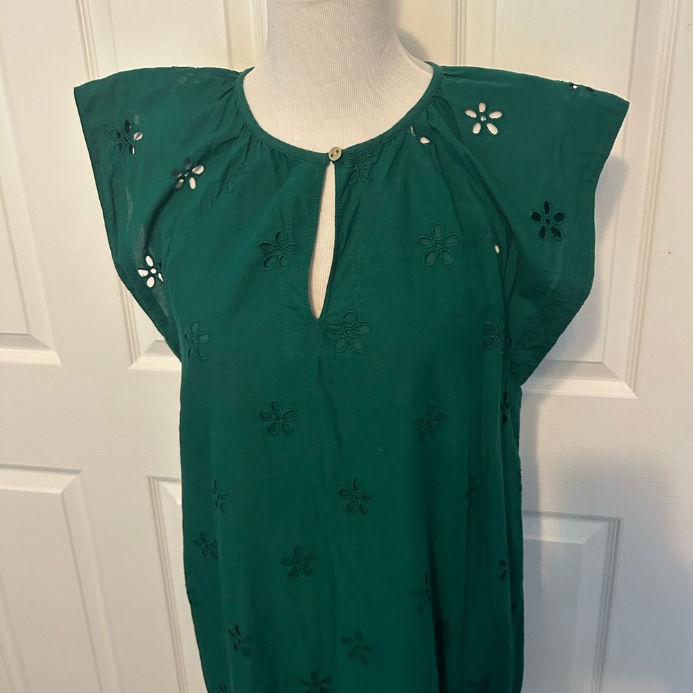 LOFT Emerald Green Cotton Embroidered Floral Shift Dress - Picture 2 of 7